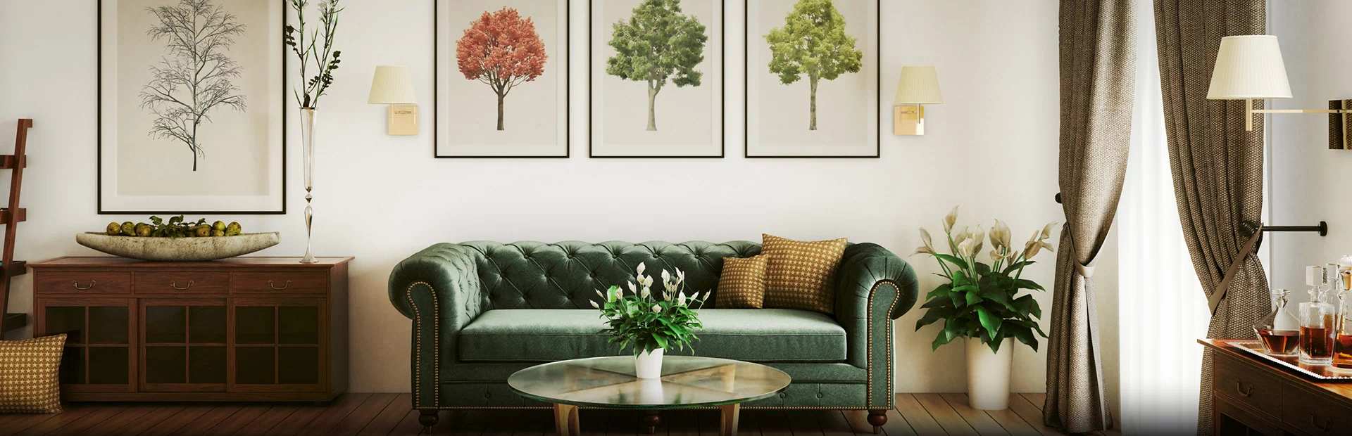 salon z zieloną sofą i obrazami